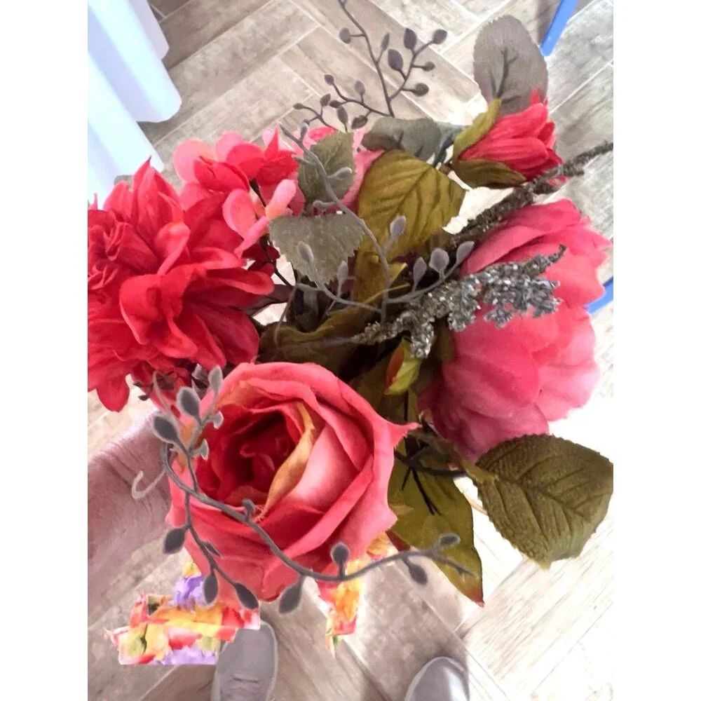 SPRING Flower BOUQUET Handmade Bow Coral Red Yellow Purple Peony Rose Zinnia